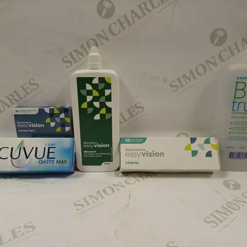 BOX OF APPROX 25 ASSORTED VISION CARE ITEMS TO INCLUDE - BAUSCH + LOMB BIO TRUE - SPECSAVERS EASY VISION LINARIAL - ACUVUE 1 DAY OASYS MAX ECT