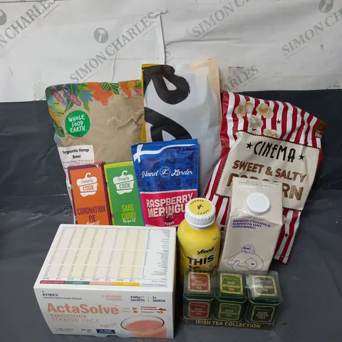 APPROXIMATELY 10 ASSORTED FOOD & DRINK ITEMS TO INCLUDE - AYMES ACTASOLVE SMOOTHIE PACK - THE CONNEMARA IRISH TEA COLLECTION - MINOR FIGURES BARISTA OAT DRINK - ETC