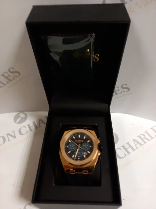 BOXED GAMAGES LONDON COMMANDER ROSE GOLD BLUE TEXTURED DIAL SILICONE STRAP WATCH 