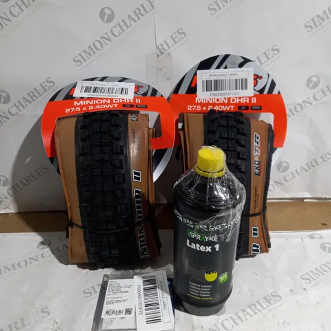 APPROXIMATELY 4 ASSORTED ITEMS TO INCLUDE MAXXIS MINION DHR II 27.5X2.40WT TIRE, TUBELESS SEALENT, AND CHAIN LINK