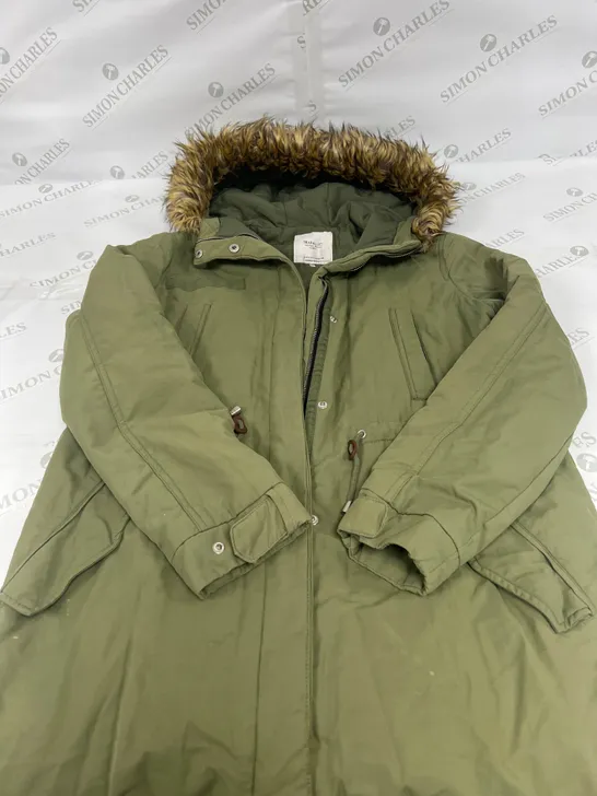 ZARA LONGLINE OVERSIZED COAT WITH FUR TRIM HOOD IN GREEN SIZE LARGE