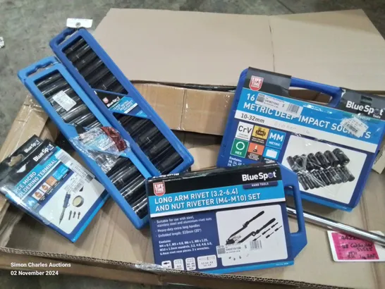 BOX CONTAINING MIXED TOOLS TO INCLUDE: BOXED BLUESPOT LONG ARM RIVET AND NUT RIVETER (M4-M10) SET,  16PC DEEP IMPACT SOCKET SET, 8 PC MICRO SOLDERING TERMINAL.