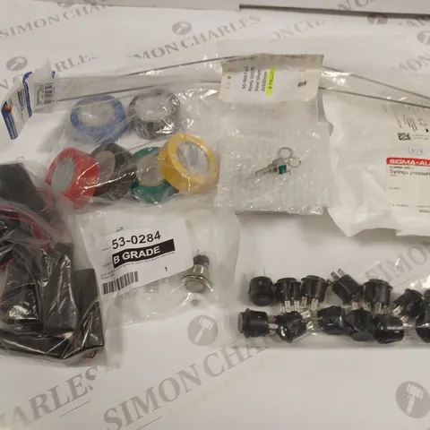 LOT OF ASSORTED ITEMS TO INCLUDE SWITCHES, BATTERY HOLDERS, INSULATION TAPE AND SYRINGE PRESSURE CAPS