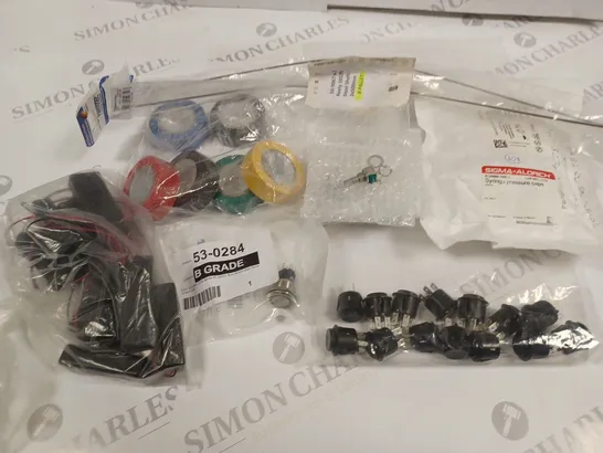 LOT OF ASSORTED ITEMS TO INCLUDE SWITCHES, BATTERY HOLDERS, INSULATION TAPE AND SYRINGE PRESSURE CAPS