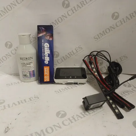 BOX OF APPROX 20 ASSORTED ITEMS TO INCLUDE GEO ENERGY READER, GILLETTE RAZOR, REDKEN CONDITIONER, ETC. 