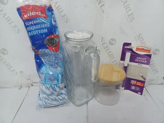 APPROXIMATELY 20 ASSORTED ITEMS TO INCLUDE VILEDA MICROFIBRE & COTTON MOPHEAD, UNIBOND GROUT REVIVER, GLASS JAR, ETC - COLLECTION ONLY