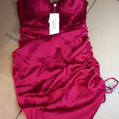 OH POLLY RED SATIN RUCHED MINI DRESS - SIZE 10