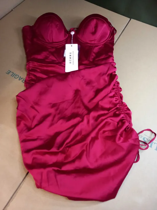 OH POLLY RED SATIN RUCHED MINI DRESS - SIZE 10