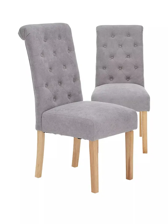 BOXED PAIR OF FABRIC SCROLL BACK DINING CHAIRS IN GREY/OAK - COLLECTION ONLY  RRP £250