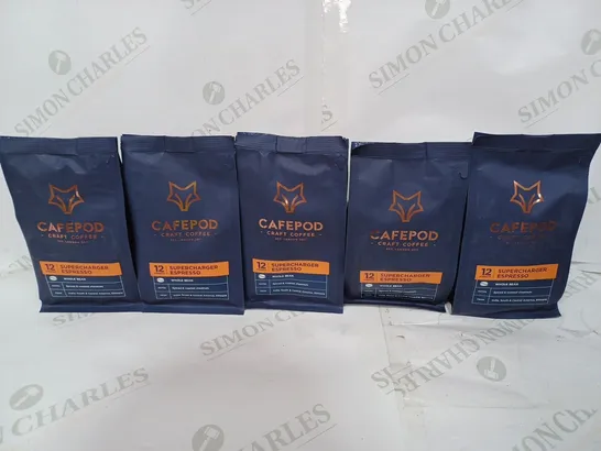 BOX TO CONTAIN APPROX. 5 X 200G PACKS OF CAFEPOD CRAFT COFFEE. SUPERCHARGER ESPRESSO BLEND 