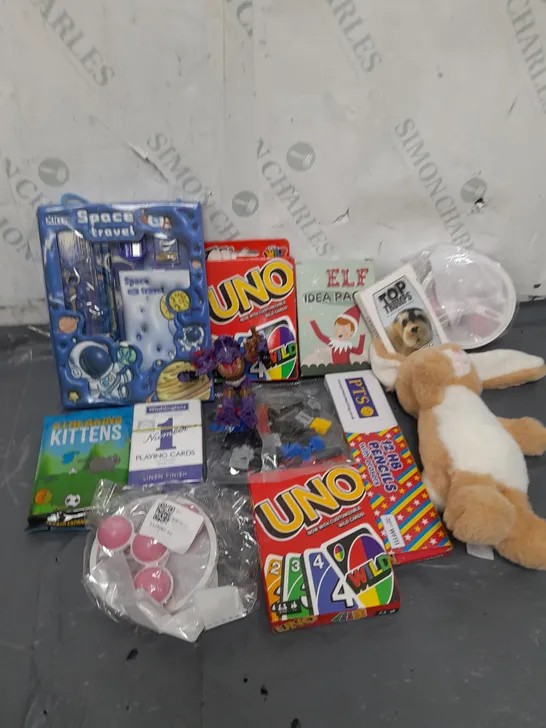 APPROXIMATELY 14 ASSORTED TOYS & GAMES PRODUCTS TO INCLUDE UNO CARD GAME, RABBIT PLUSH, PLAYING CARDS, ETC