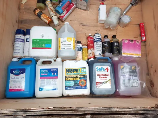 APPROXIMATELY 30 ASSORTED LIQUID PRODUCTS TO INCLUDE; NOPE SPIDER KILLER, VELOX SPRAY AND MILTON DISINFECTANT