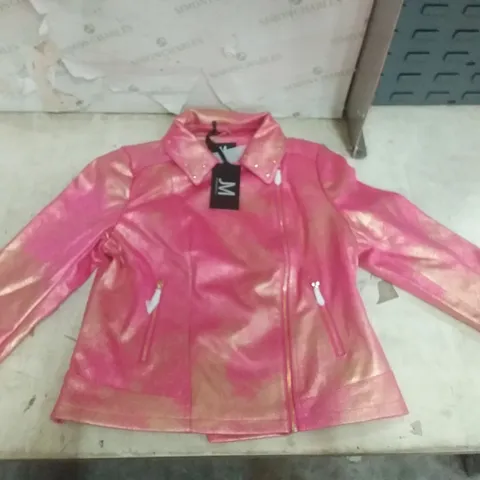 BOX OF APPROXIMATELY 12 JULIEN MACDONALD PINK/GOLD BIKER JACKET - SIZE 16