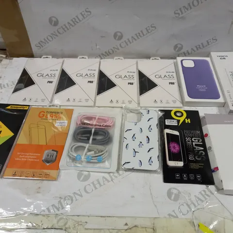 LOT OF ASSORTED PHONE ACCESSORIES TO INCLUDE GLASS PROTECTOR, PHONE CASES AND CHARGING LEADS