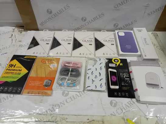 LOT OF ASSORTED PHONE ACCESSORIES TO INCLUDE GLASS PROTECTOR, PHONE CASES AND CHARGING LEADS