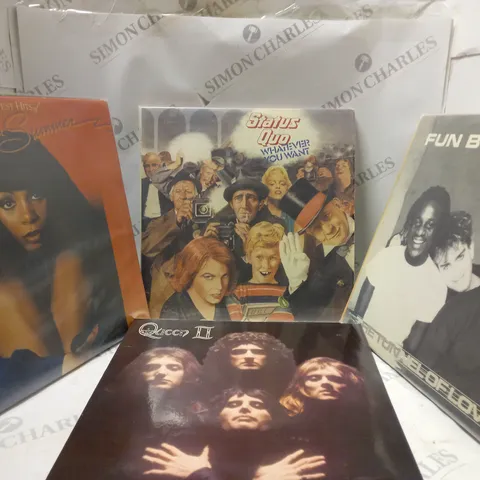 BOX OF 10 ASSORTED VINYL RECORDS, TO INCLUDE; DONNA SUMMER THE GREATEST HITS - STATUS QUO WHATEVER YOU WANT - QUEEN II ECT