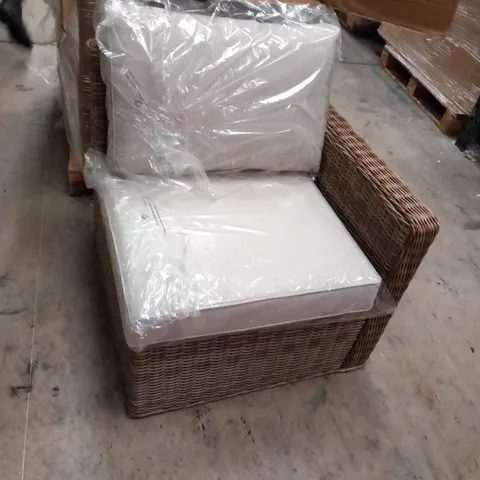 PALLET OF 2 BOXES INCLUDING STRAIGHT ARM LEFT CORNER SOFA CHAIR NATURAL AND 2X BLACK/GREY DINING CHAIRS