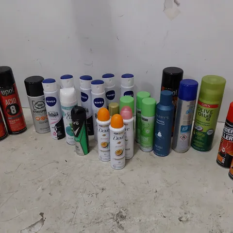 TWO TOTES OF ASSORTED AEROSOLS INCLUDING SPIDER KILLER, ETCHING PRIMER, BODY SPRAYS BY DOVE, NIVEA, SURE, L'OREAL. TEETH WHITENER.