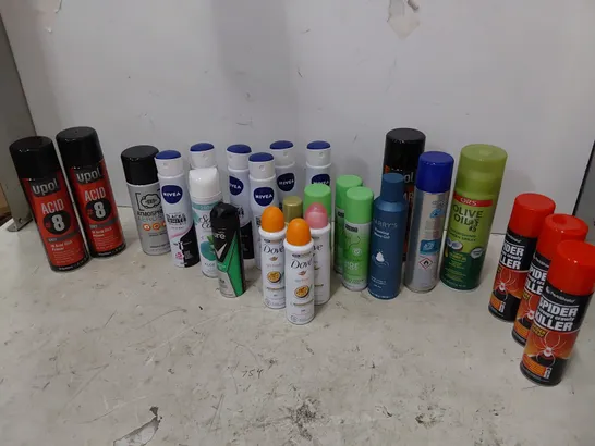 TWO TOTES OF ASSORTED AEROSOLS INCLUDING SPIDER KILLER, ETCHING PRIMER, BODY SPRAYS BY DOVE, NIVEA, SURE, L'OREAL. TEETH WHITENER.