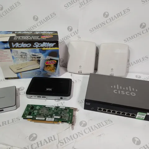 BOX OF APPROXIMATELY 10 ITEMS INCLUDING CISCO 8PORT MANAGEMENT SWITCH, WYSE TERMINAL AND HP PROCURVE ACCESS POINT