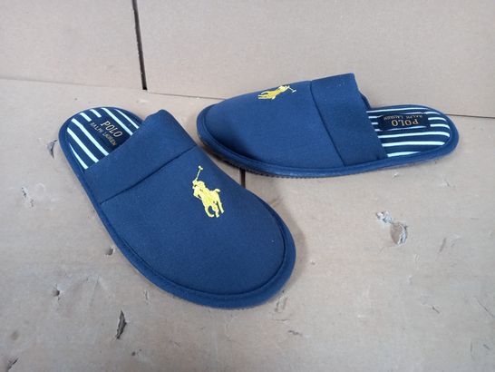 BOXED PAIR OF DEIGNER SLIP ON FOOTWEAR IN BLUE SIZE UNSPECIFIED