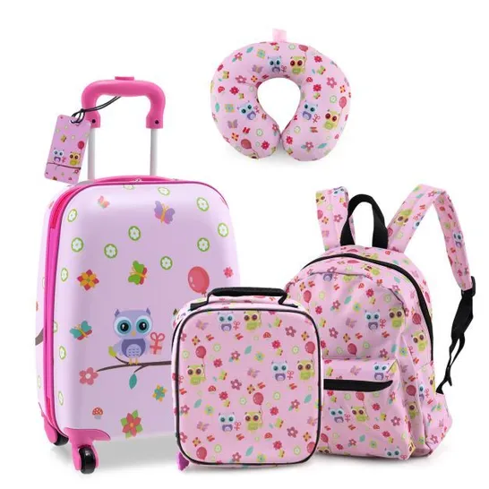 BOXED COSTWAY 5PCS KIDS ORGANIZED STORAGE LUGGAGE SET TODDLER CARRY W/NECK PILLOW & NAME TAG - PINK