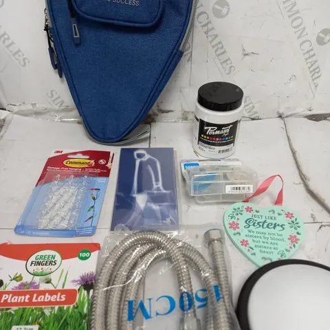 BOX OF APPROXIMATELY 10 ASSORTED ITEMS TO INCLUDE - DONIC CASE, PERMASET AQUA, FREE HANGERS ETC