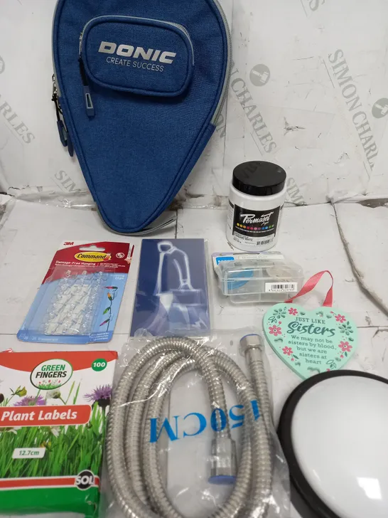 BOX OF APPROXIMATELY 10 ASSORTED ITEMS TO INCLUDE - DONIC CASE, PERMASET AQUA, FREE HANGERS ETC