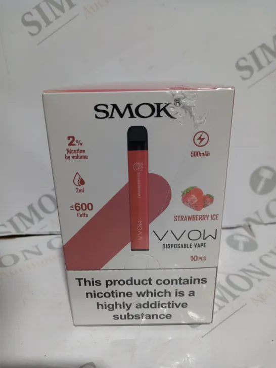 BOXED CELLOPHANE-WRAPPED PACK OF TEN SMOK VVOW DISPOSABLE VAPES- STRAWBERRY ICE