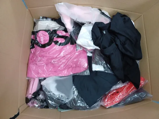  BOX OF ASSORTED CLOTHING ITEMS TOO INCLUDE DRESSES , SHIRTS AND TROUSERS IN VARIOUS SIZES AND COLOURS   