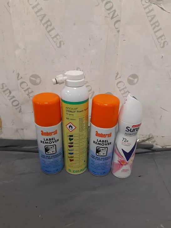 APPROXIMATELY 5 ASSORTED AEROSOL CANS TO INCLUDE SURE, LABEL REMOVER AND OIL SPRAY - COLLECTION ONLY