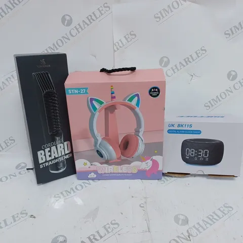 APPROXIMATELY 10 ASSORTED ITEMS TO INCLUDE CORDLESS BEAR STRAIGHTENER, KIDS WIRELESS HEADPHONES, DIGITAL ALARM CLOCK RADIO ETC.  