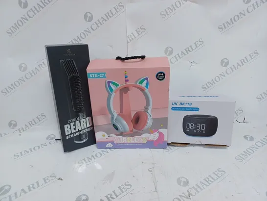 APPROXIMATELY 10 ASSORTED ITEMS TO INCLUDE CORDLESS BEAR STRAIGHTENER, KIDS WIRELESS HEADPHONES, DIGITAL ALARM CLOCK RADIO ETC.  