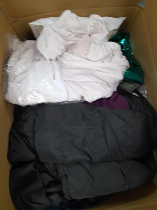 BOX OF APPROXIMATELY 15 CLOTHING ITEMS TO INCLUDE PRETTY YOU SET, TOPS BLUE LEATHER PANTS ETC