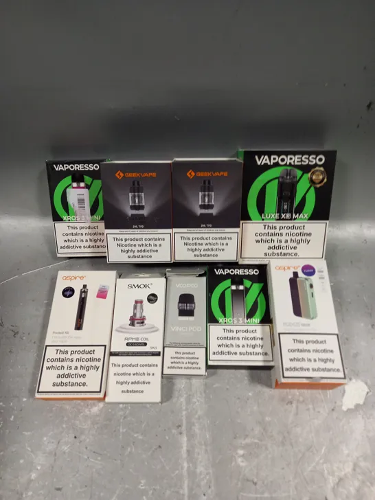 APPROXIMATELY 20 ASSORTED E-CIGARETTE PRODUCTS/ACCESSORIES TO INCLUDE VAPORESSO, ASPIRE, SMOK ETC 