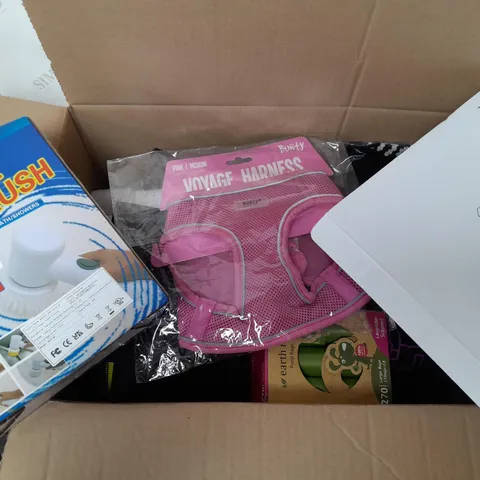 a box of 10 items to include a magic brush, dog litter bags, pet harness etc.