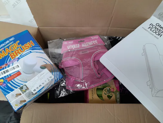 a box of 10 items to include a magic brush, dog litter bags, pet harness etc.