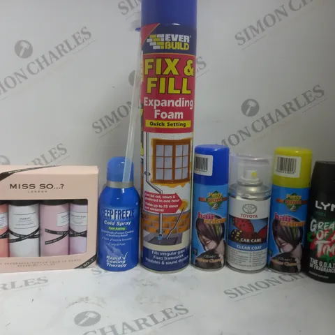 BOX OF APPROX 15 ASSORTED AEROSOLS TO INCLUDE DEEP FREEZE COLD SPRAY, PARTY SUCCESS HAIR COLOUR SPRAY, TOYOTA CLEAR COAT, ETC