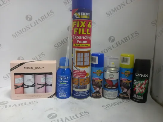 BOX OF APPROX 15 ASSORTED AEROSOLS TO INCLUDE DEEP FREEZE COLD SPRAY, PARTY SUCCESS HAIR COLOUR SPRAY, TOYOTA CLEAR COAT, ETC