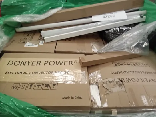 PALLET OF ASSORTED ITEMS INCLUDING DONYER POWER ELECTRICAL CONVECTOR HEATER, DONYER POWER WALL MOUNTED GARAGE HEATER, DAEWOO CONVECTOR HEATER, RABBITGOO WINDOW FILM, KYOTECH CEILING SPOTLIGHT, WOCHITV