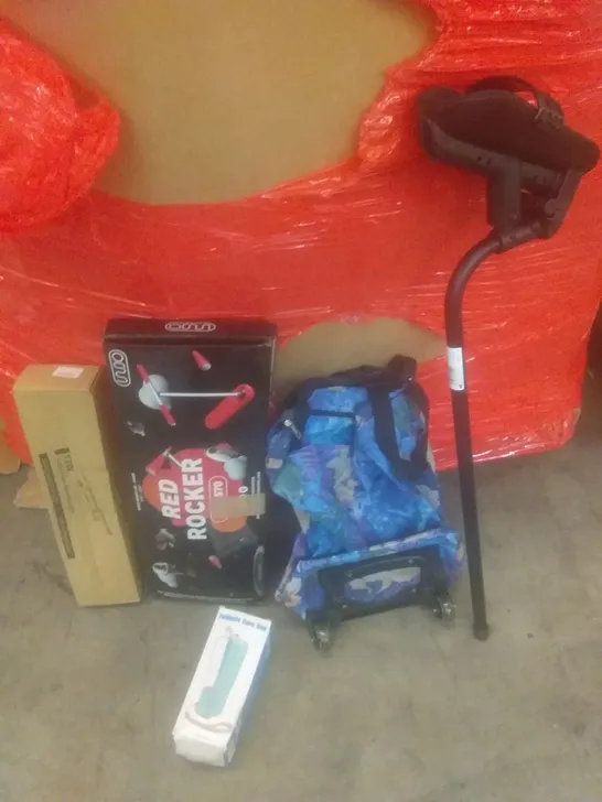 PALLET OF ASSORTED ITEMS INCLUDING SUBMERSIBLE AQUARIUM LIGHT, RED ROCKER, FOLDABLE CARE CUP, PRO CRUTCH