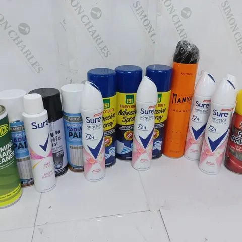 APPROXIMATELY 14 ASSORTED AEROSOLS TO INCLUDE PAINTFACTORY QUICK DRYING RADIATOR PAINT BRILLIANT WHITE (300ml), 151 HEAVY DUTY ADHESIVE SPRAY (500ml), SURE 72h BRIGHT BOUQUET, ETC