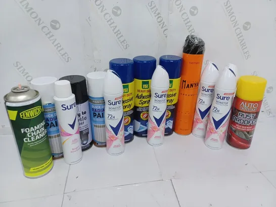 APPROXIMATELY 14 ASSORTED AEROSOLS TO INCLUDE PAINTFACTORY QUICK DRYING RADIATOR PAINT BRILLIANT WHITE (300ml), 151 HEAVY DUTY ADHESIVE SPRAY (500ml), SURE 72h BRIGHT BOUQUET, ETC