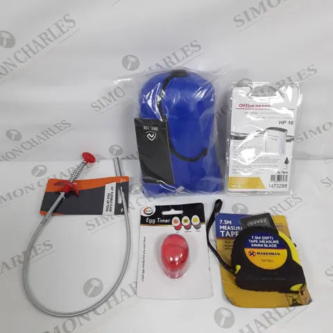 LARGE ASSORTMENT OF HOUSEHOLD PRODUCTS TO INCLUDE TAPE MEASURE, EGG TIMER AND INK CARTRIDGE 