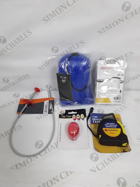 LARGE ASSORTMENT OF HOUSEHOLD PRODUCTS TO INCLUDE TAPE MEASURE, EGG TIMER AND INK CARTRIDGE 