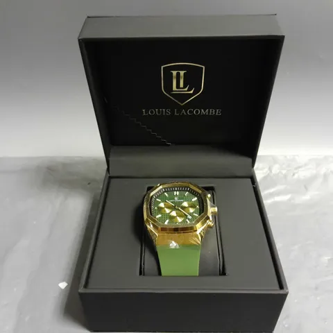 MENS LOUIS LACOMBE CHRONGRAPH WATCH – 3 SUB DIALS – GOLD COLOUR CASE – GREEN RUBBER STRAP