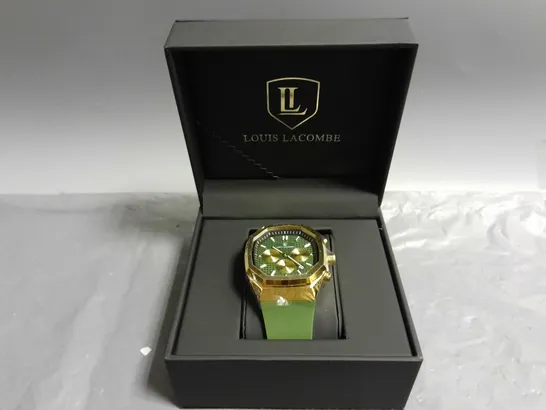 MENS LOUIS LACOMBE CHRONGRAPH WATCH – 3 SUB DIALS – GOLD COLOUR CASE – GREEN RUBBER STRAP