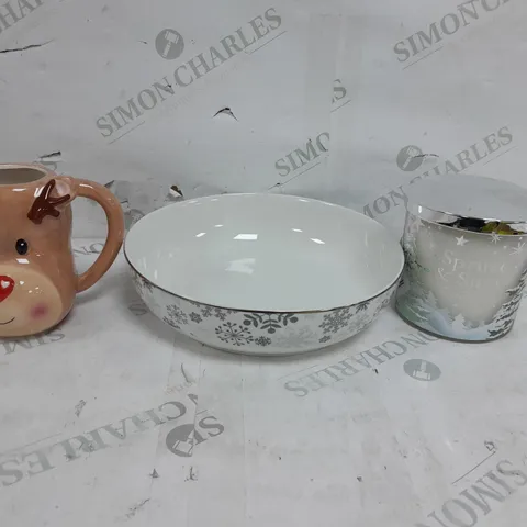 LARGE BOX OF ASSORTED ITEMS TO INCLUDE MUGS, BOWLS AND SCENTED CANDLES