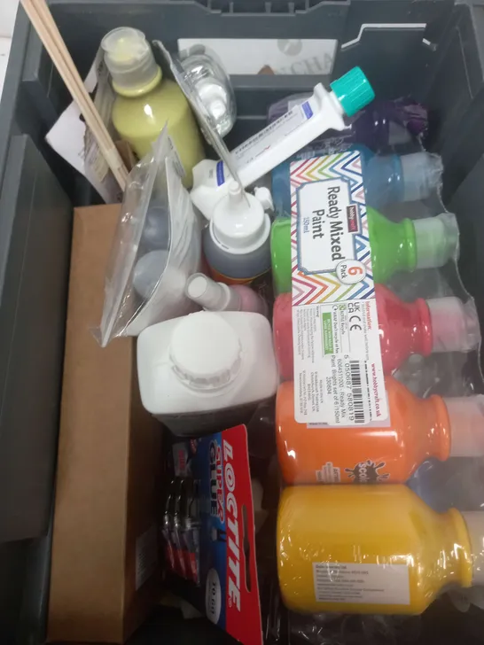 BOX OF APPROXIMATELY 15 ASSORTED ITEMS TO INCLUDE - SUPER GLUE, PAINT, NEEM OIL SPRAY ETC