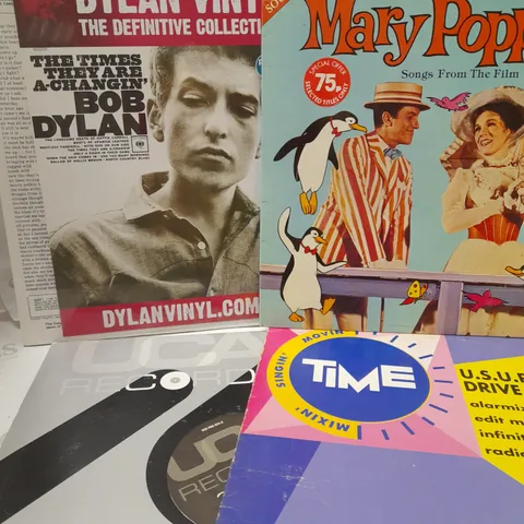 LOT OF APPROX 8 ASSORTED VINYLS TO INCLUDE DISNEY MARY POPPINS SONGS FROM THE FILM, BOB DYLAN THE DEFINITIVE COLLECTION, U.S.U.R.A DRIVE ME CRAZY MIX, ETC